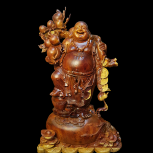 Tượng Phật Di Lặc Vác Đào Đứng Bao Tiền Gỗ Cẩm Đắc Lắc 101x62x31cm 
