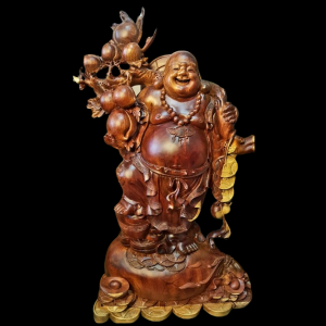 Tượng Phật Di Lặc Vác Đào Đứng Bao Tiền Gỗ Cẩm Đăk Lắk 101x62x31cm 