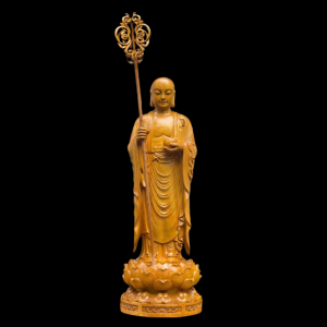 Tượng Phật Mục Kiền Liên Đứng Đài Sen Gỗ Gõ Vàng 100x35x35cm 