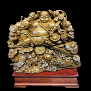 Tượng Phật Di Lặc Ngũ Phúc Gỗ Bách Xanh Mộc Châu 50x48x30cm 