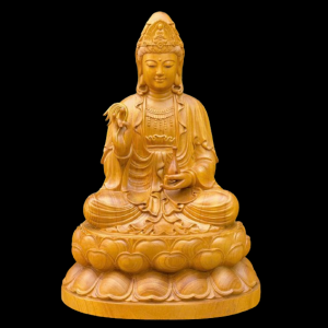 Tượng Phật Quan Âm Bồ Tát Ngồi Đài Sen Gỗ Gõ Vàng 61x43x36cm 