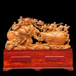 Siêu Phẩm Tượng Phật Di Lặc Kéo Bao Tiền Gỗ Ngọc Am 73x148x32cm