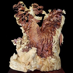 Tượng Gia Đình Gà 4 Mùa Như Ý Gỗ Cẩm Chỉ 88x70x41cm