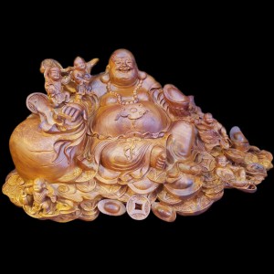 Tượng Phật Di Lặc Ngũ Phúc Gỗ Hương Gia Lai Ôm Đá 50x109x70cm